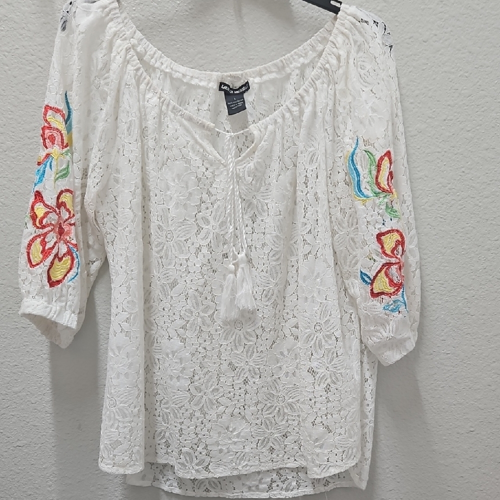 Cato Red and White Relaxed Tie Front Blouse